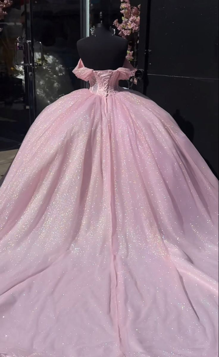 A-line Off The Shoulder Tulle Prom Dress Baby pink quince dress Ball Gowns fg5244
