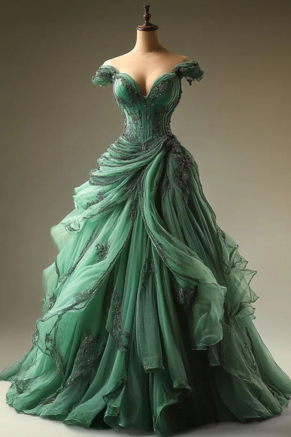 Unique A Line Off the Shoulder Appliques Green Tulle Prom Dress Evening Dress SH2410