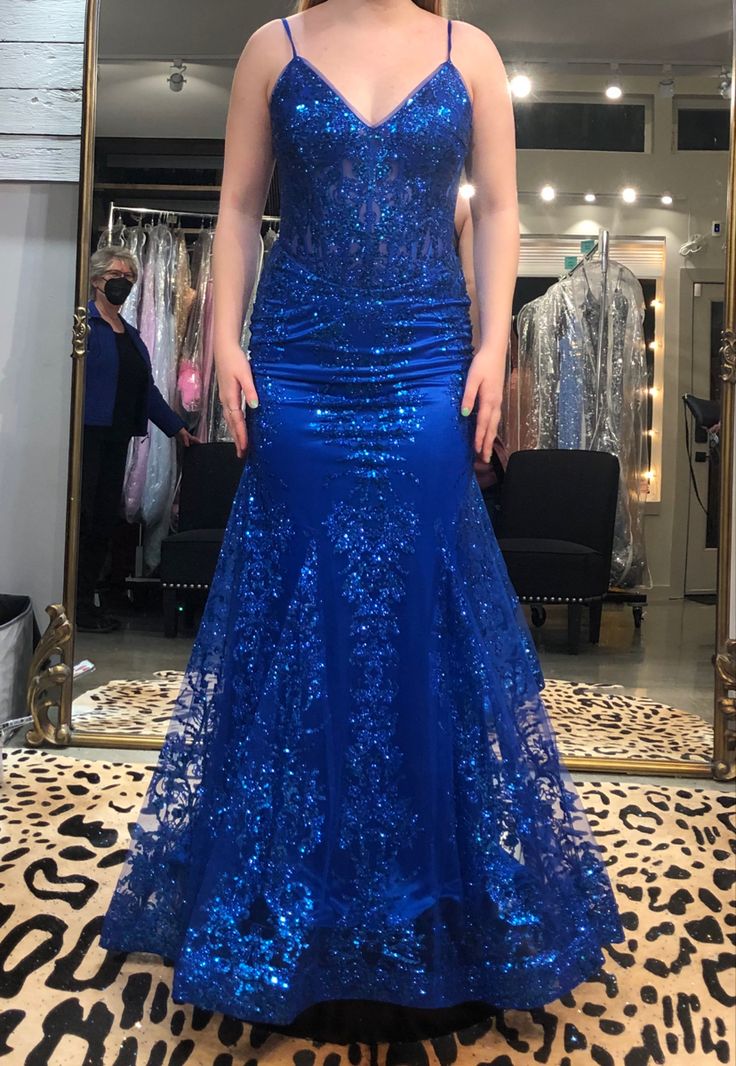 Sparkly Mermaid Royal Blue Sequins Long Prom Dresses fg7170