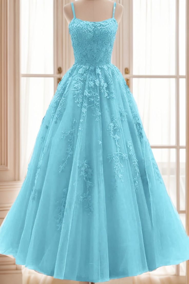 A-line V Neck Spaghetti Straps Long Lace Tulle Prom Dress cg25267