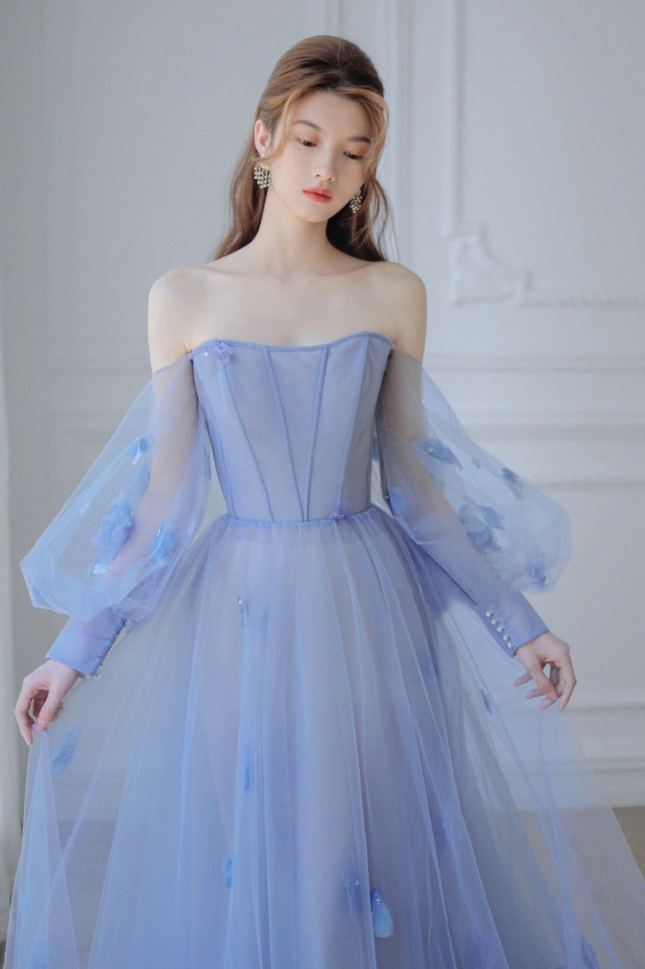 Blue Tulle Long Sleeve Prom Dress, Off the Shoulder Evening Graduation Dress