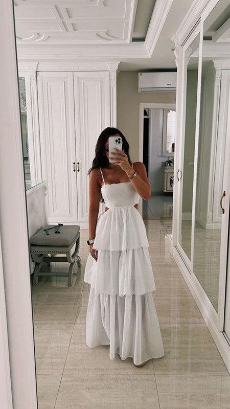 White Spaghetti Straps Long Evening Dress Glam Prom Dress Formal Gown cg25291