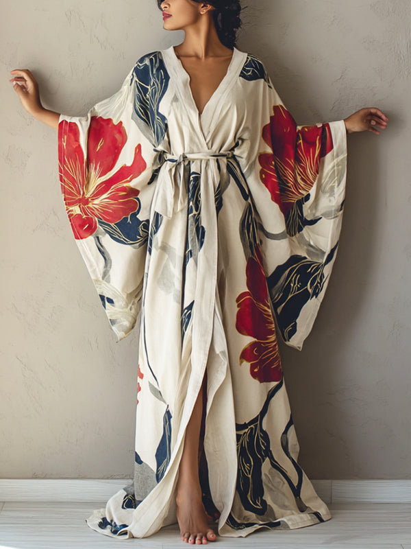 Red Cotton And Linen Printed Robe Dress
