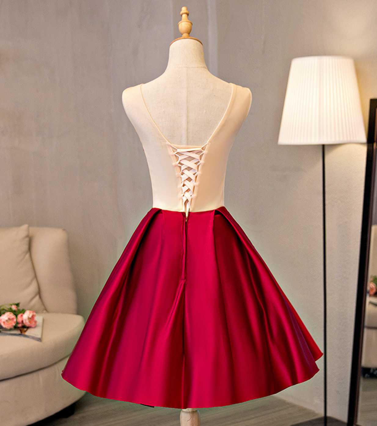 Cute A line lace satin short prom dress, homecoming dress 8150