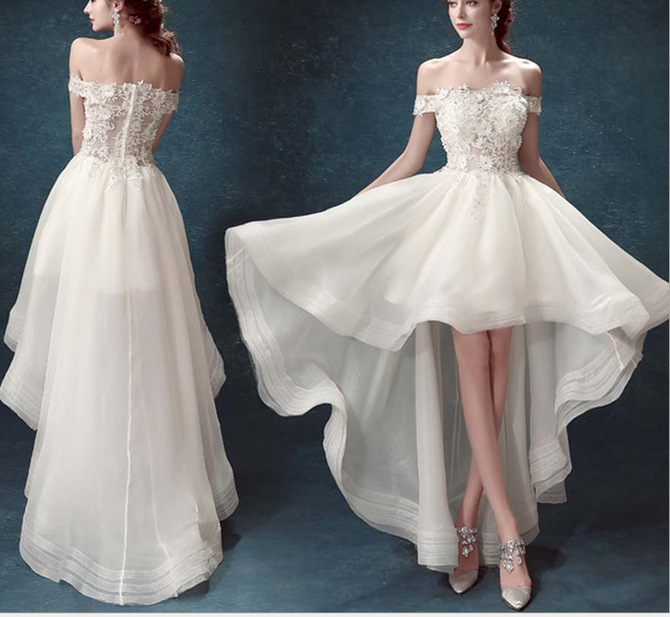 White high low lace prom dress,evening dresses 7679