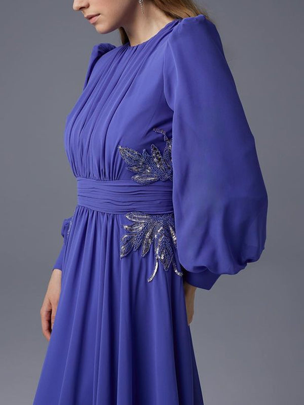 Round Neck Solid Color Long Sleeve Chiffon Maxi Dress