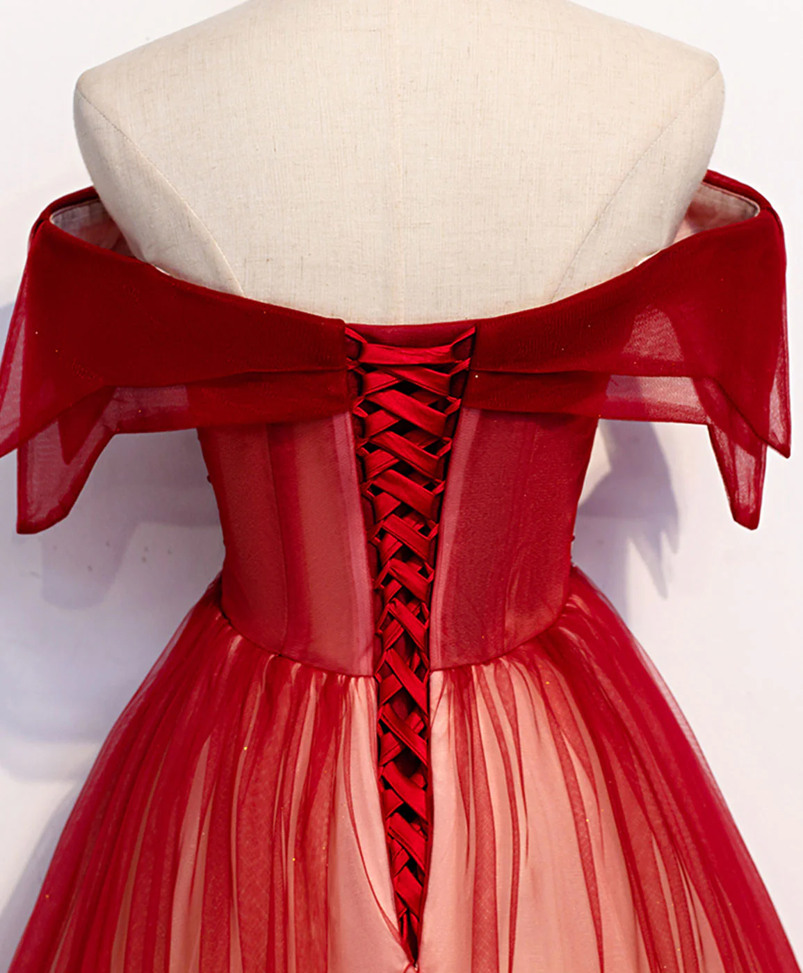 Burgundy Off Shoulder Tulle Long Prom Dress, Burgundy Formal Dress fg5699