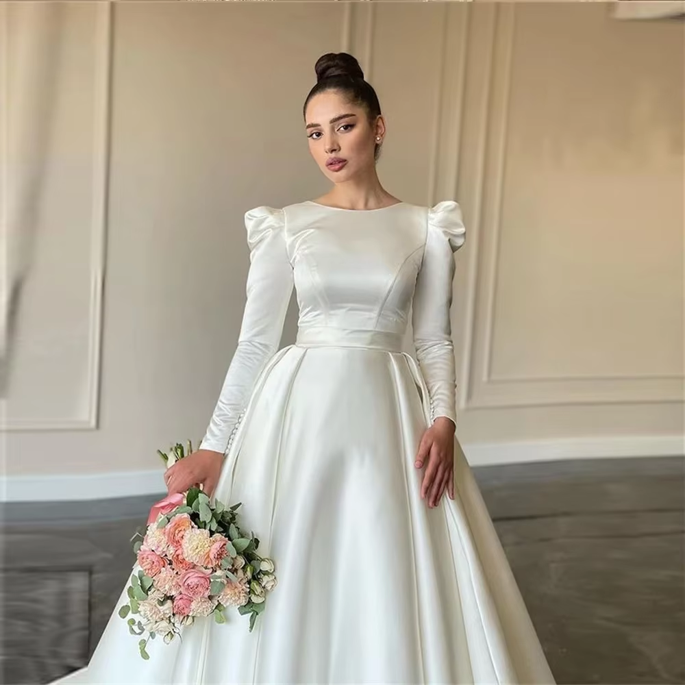 Simple wedding dress with sleeves, satin ball gown fg6430