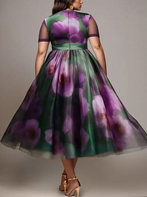 Wedding Guest Purple Floral Round Neck Short Sleeve Pocket Organza Maxi Dresses