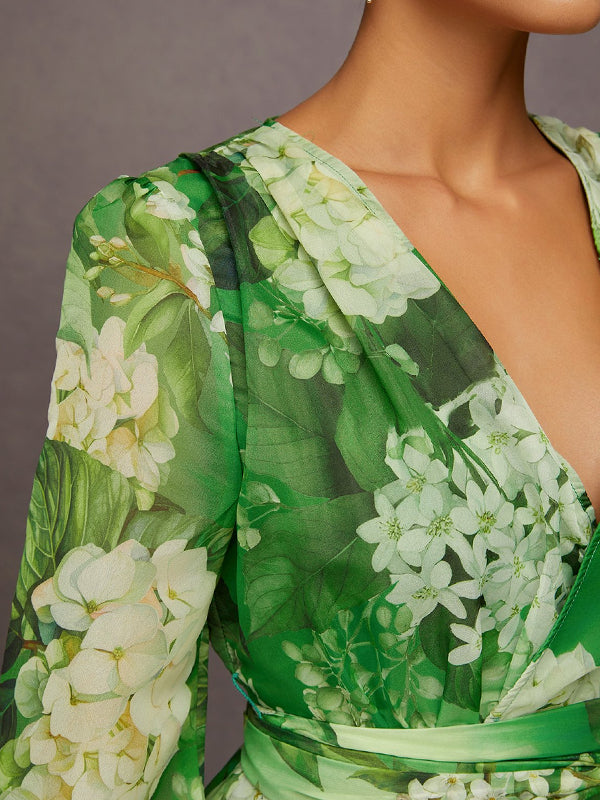Elegant Floral Printing V-Neck Maxi Dress