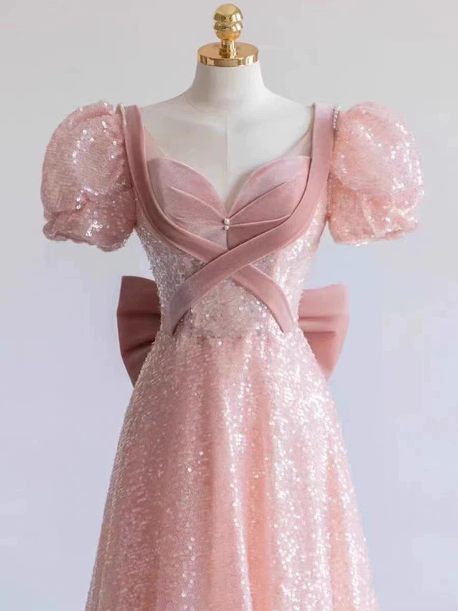 Princess A line Pink Short Sleeves Sequin Long Prom Dresses P1007