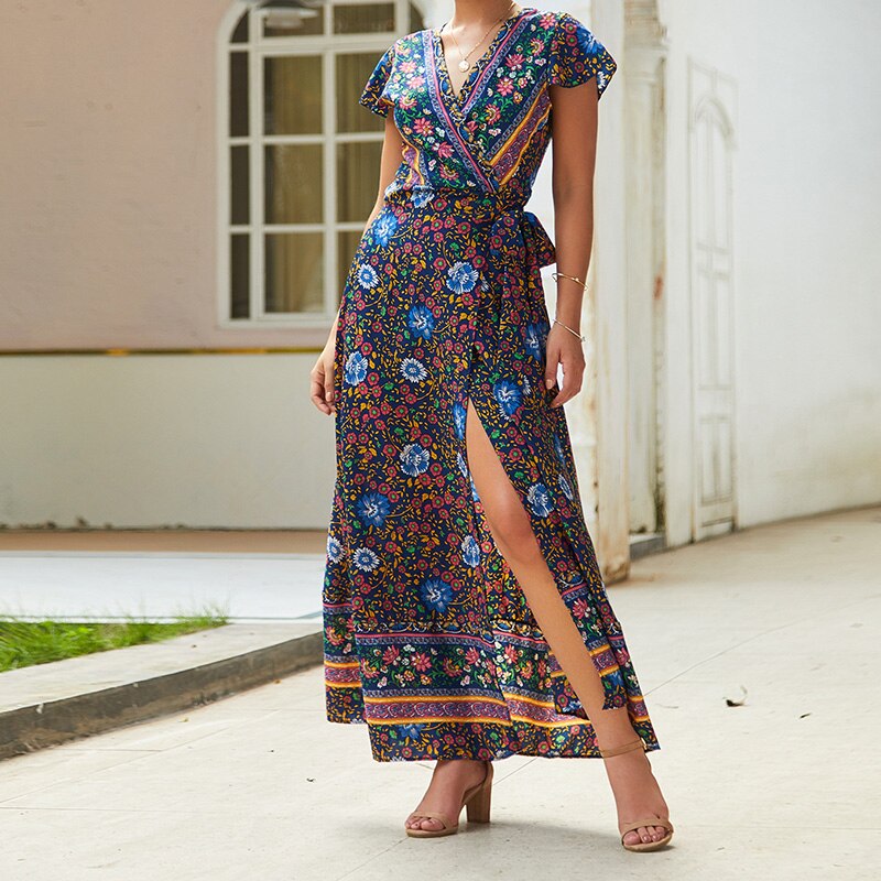 loveedsTM-Summer Vacation Holiday Dress Boho Green Printed Sashes Ruffles Bohemian Midi Dress V-Neck Irregular Short Sleeve Sundress