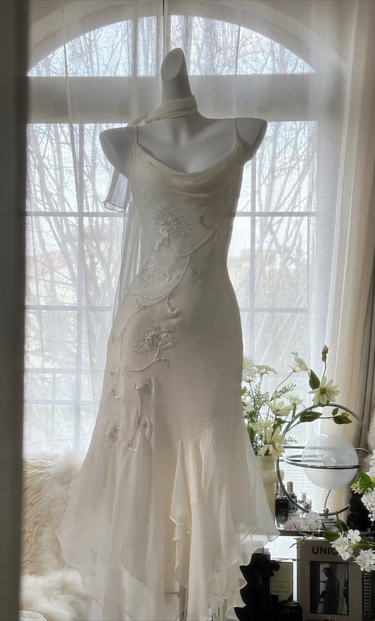 Elegant Mermaid Spaghetti Strap Beaded White Chiffon Prom Dress Graduation Prom Dress SH2560
