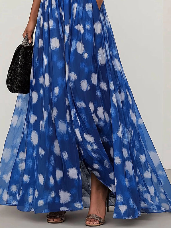 Party Casual Dress Blue V-neck White Floral Rhinestone Belt Pockets Maxi Dress