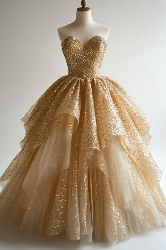 Gold A-line Sweetheart Tulle Sequin Long Prom Dresses, Elegant Evening Dress ED01496