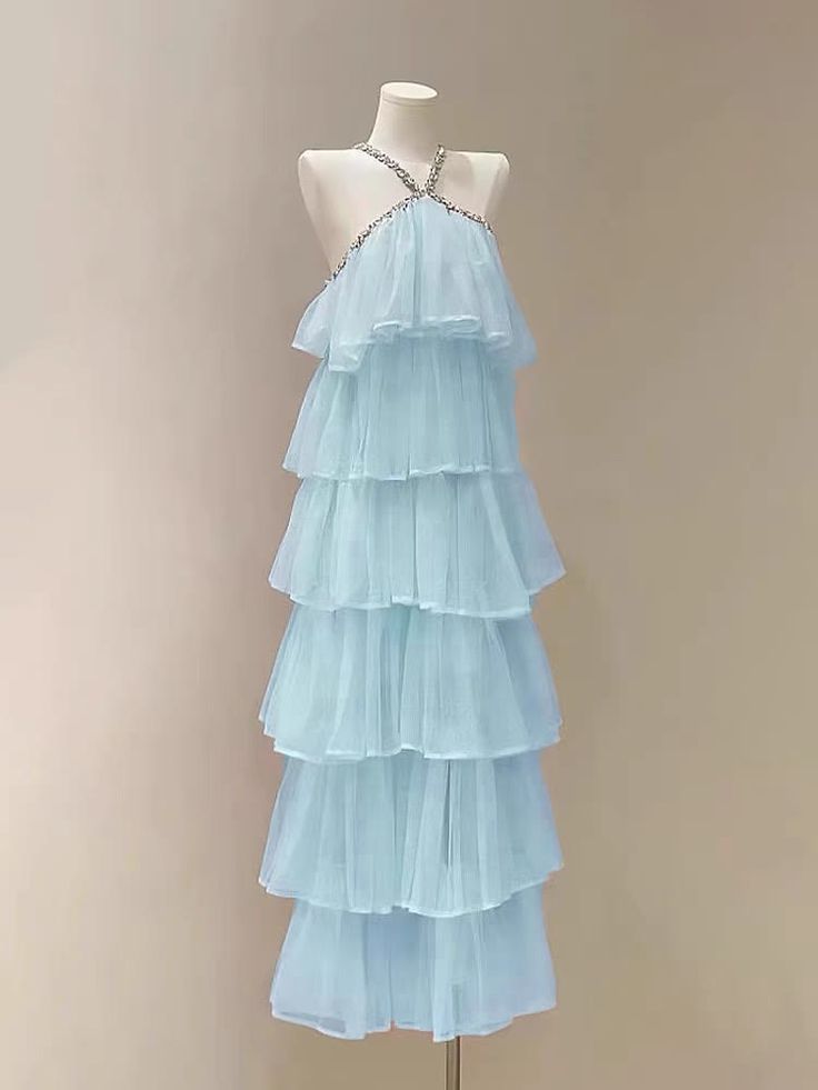 Light Pink/Blue Chiffon Rhinestone Strapless Cake Layered Ruffles Elegant Sweet Long Party Dress Prom Dress Evening Dress gh4760