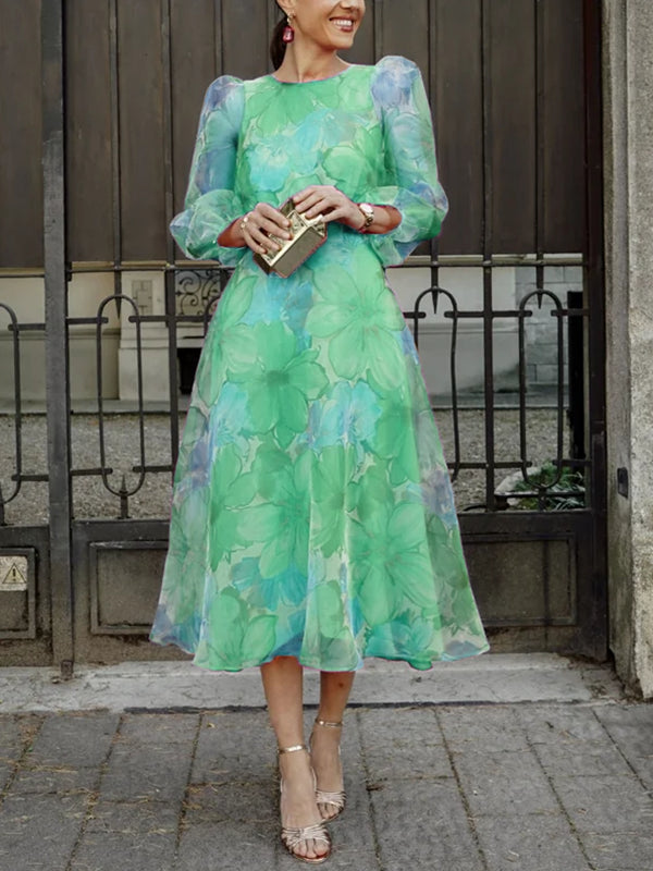 Puff Sleeve Temperament Chiffon Printed Women's Dress