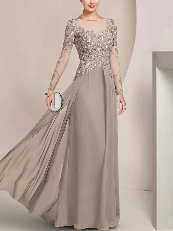 Round Neck Lace Long Sleeve Solid Color Maxi Dress