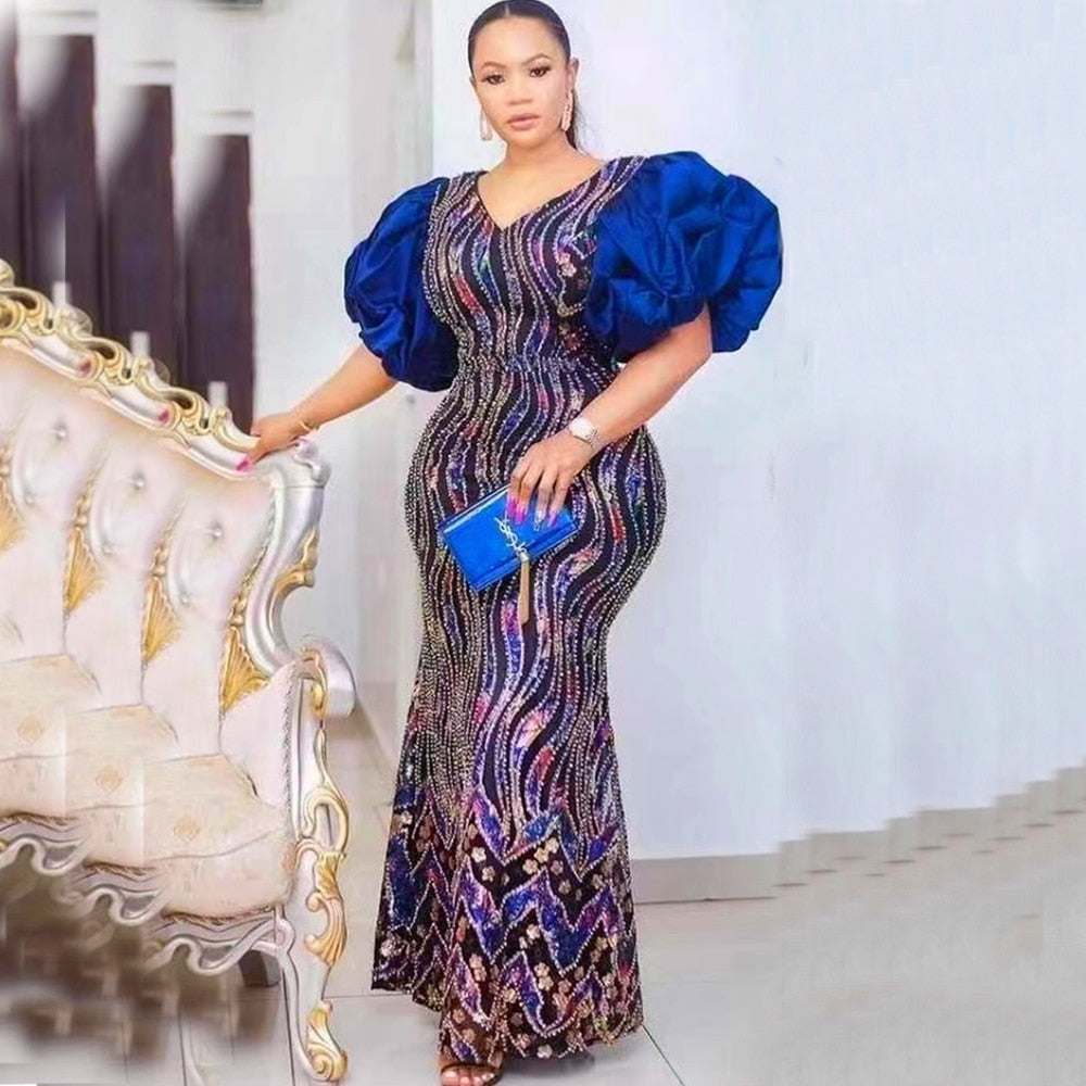 loveedsTM- African Wedding Dresses for Women Puff Sleeve Plus Size Turkey Sequin Evening Party Long Dress Moroccan Muslim Africa Clothes