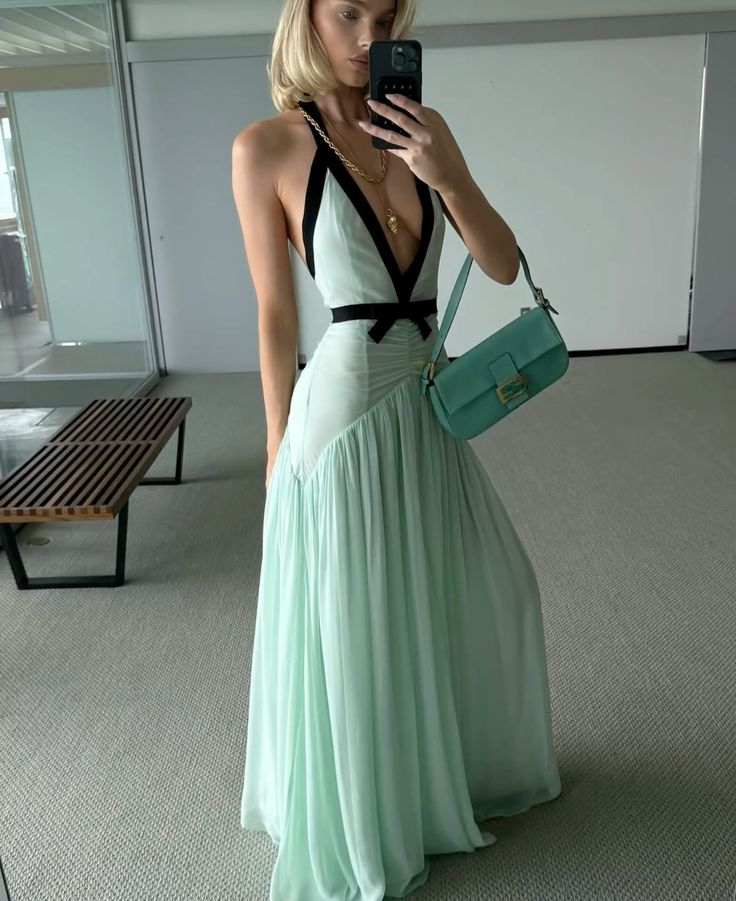 Green A Line V Neck Chiffon Open Back Prom Dress Evening Dress Party Dress SH3825