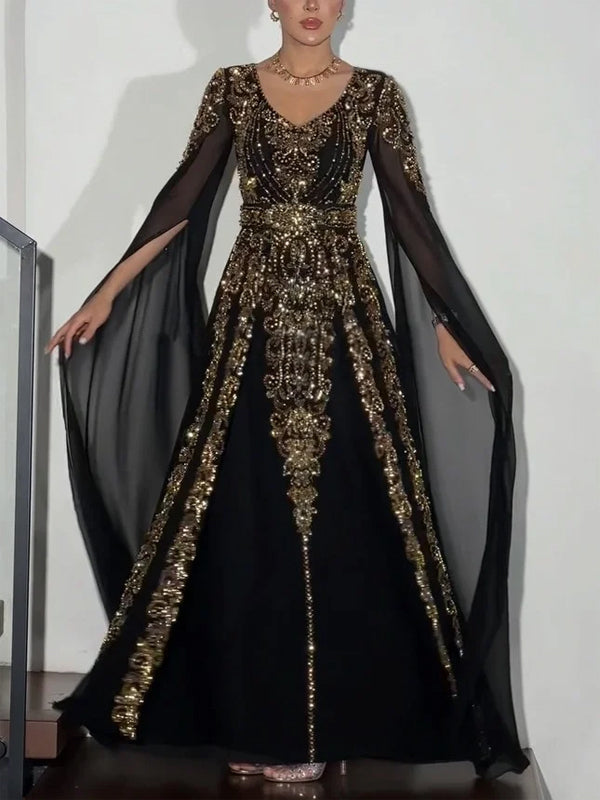 V-neck Sequined Mesh Solid Color Maxi Dress
