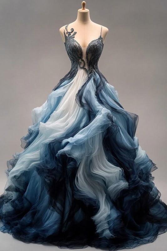 Stunning A Line Spaghetti Straps Appliques Blue Ombre Tulle Prom Dress Evening Dress SH2416