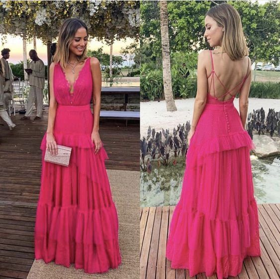 Pink Elegant Sexy V-neck Lace Spaghetti Straps Long Chiffon Ruffle Ball Gown Evening Dress Wedding Guest Party Dress gh3322