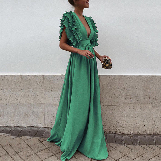loveedsTM- Formal Party  Dress Women Deep V-Neck Long Dress Elegant Flying Sleeves Backless Maxi Evening Dresses Robe De Soiree