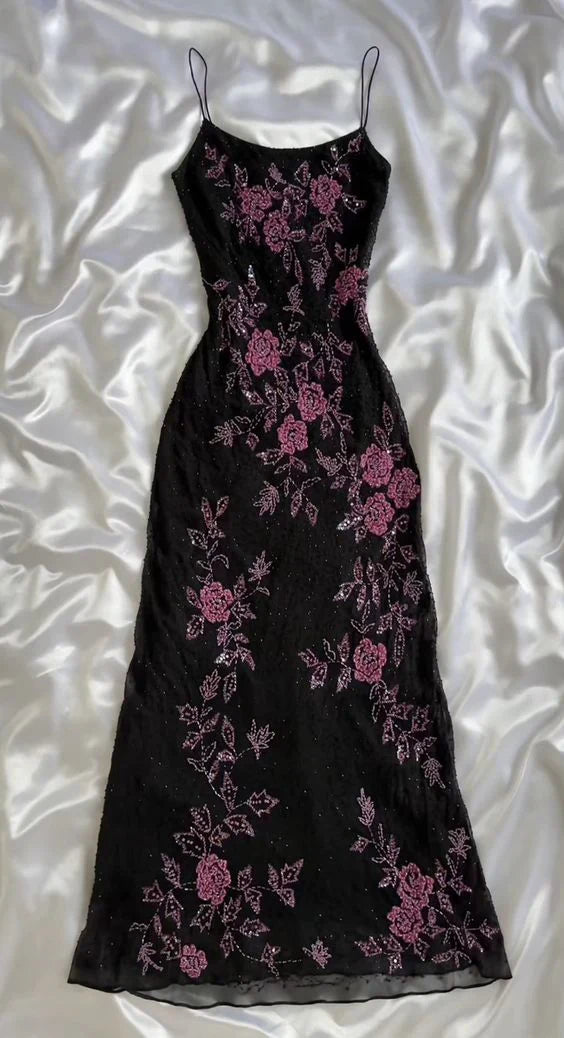 Black Retro Elegant A-line Strap Long Lace prom dress Evening Dress Birthday Party Dress gh3154