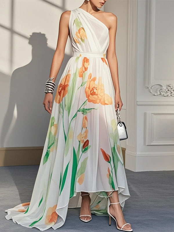 White Floral Asymmetric Chiffon One Shoulder Sleeveless A-Line Midi Dress