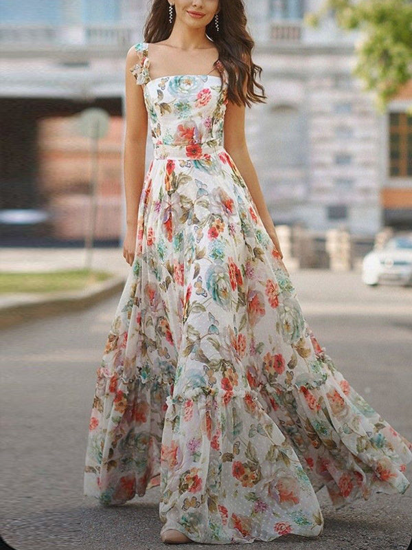 White Suspender Print Maxi Dress