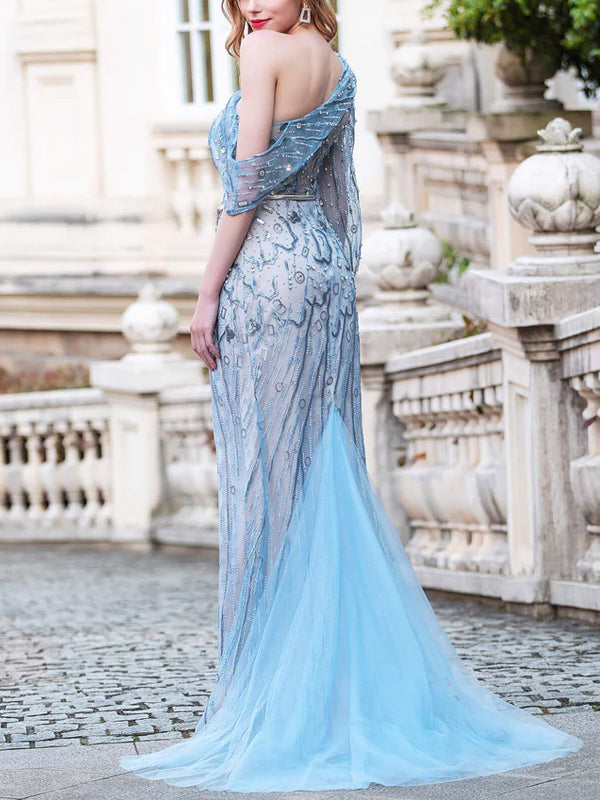 Off-shoulder Mesh Maxi Dress