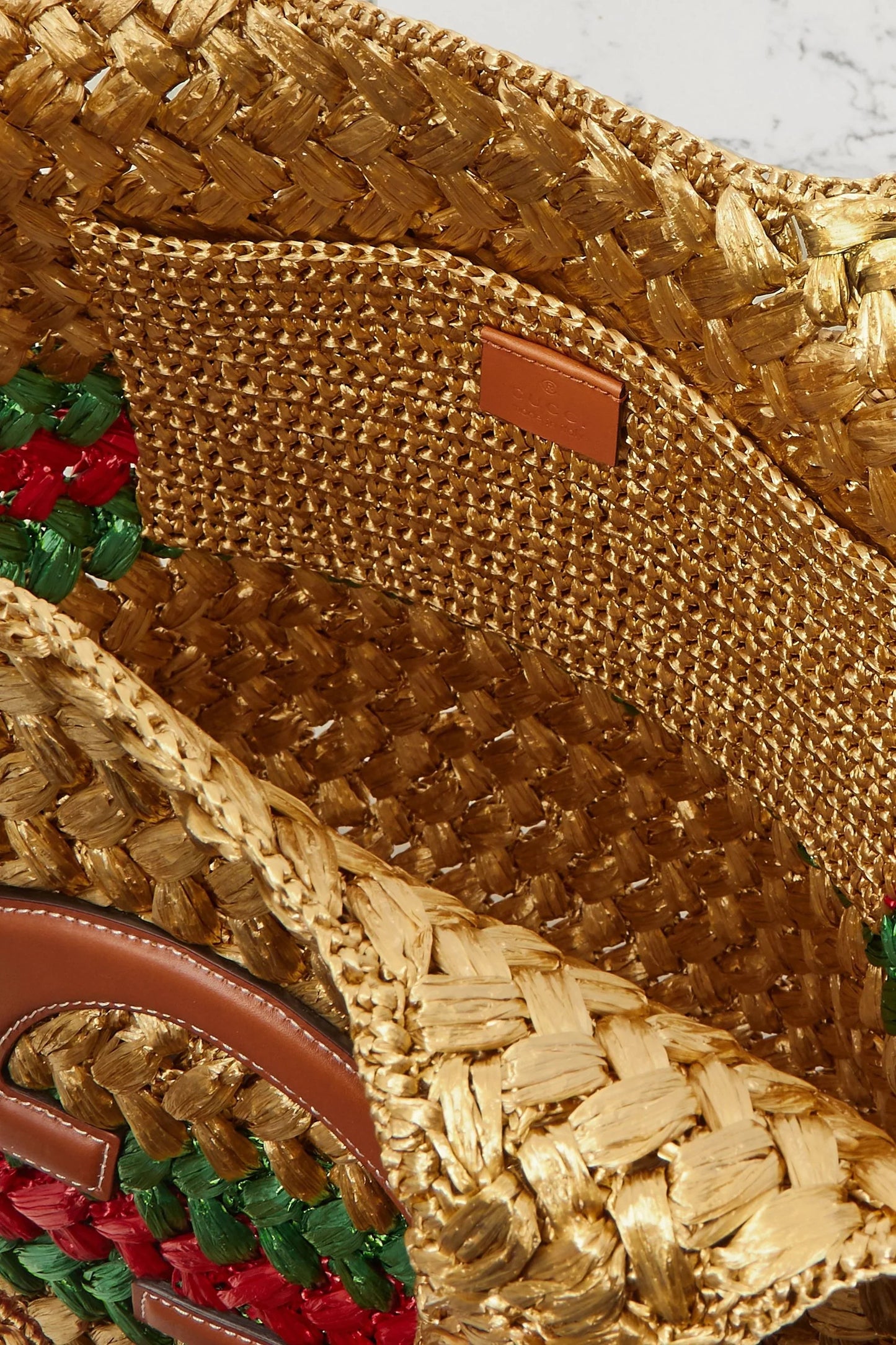 GUCCI Embellished leather-trimmed metallic crocheted raffia tote