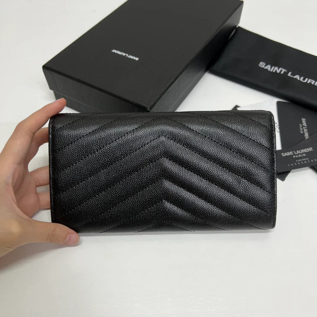 YSL Long Wallet Black Leather Black Tone 10767 19cm