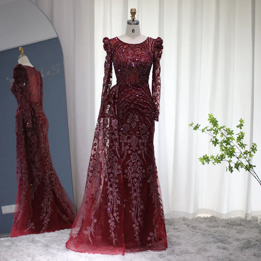Luxury Burgundy A Line Sleeve Beaded Sequins Tulle Prom Dress SH1602