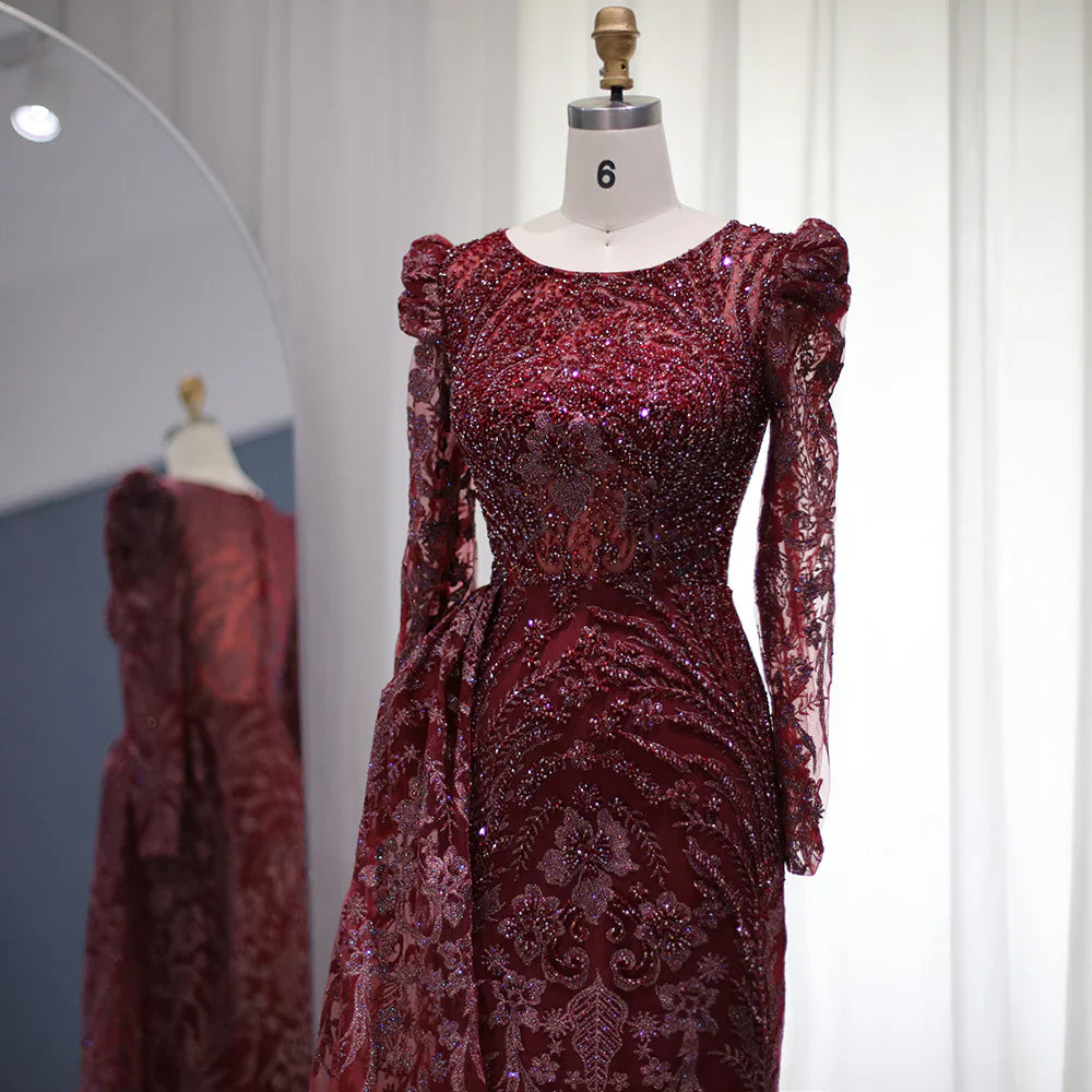 Luxury Burgundy A Line Sleeve Beaded Sequins Tulle Prom Dress SH1602