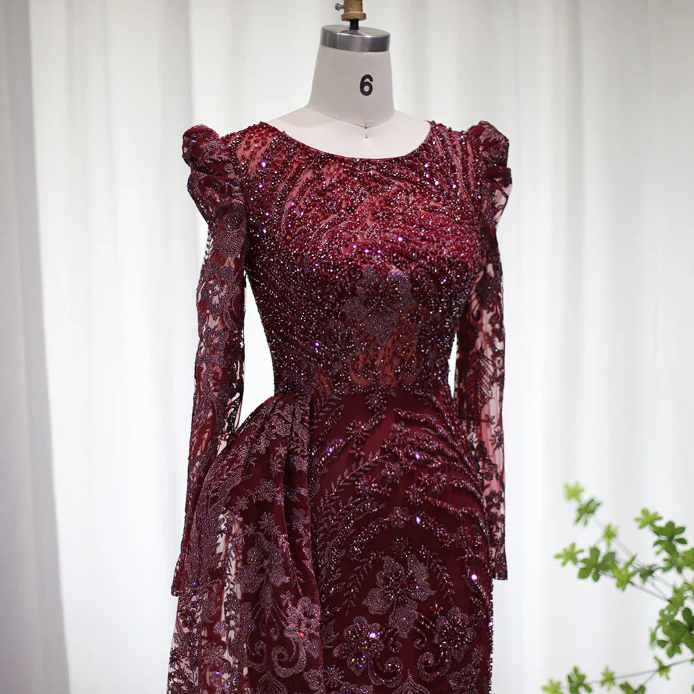 Luxury Burgundy A Line Sleeve Beaded Sequins Tulle Prom Dress SH1602