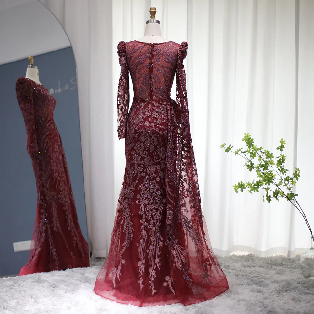 Luxury Burgundy A Line Sleeve Beaded Sequins Tulle Prom Dress SH1602
