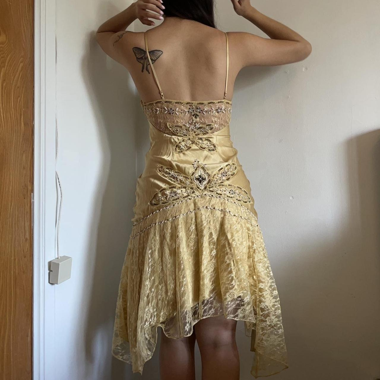Vintage Gold Satin Lace Beaded Cocktail Dress Spaghetti Straps Homecoming Dress Birthday Outfits S353