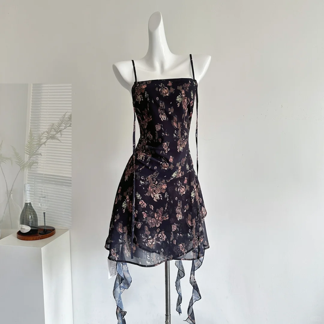 Vintage Spaghetti Straps Chiffon Print Floral Vacation Dress Women Dresses S696