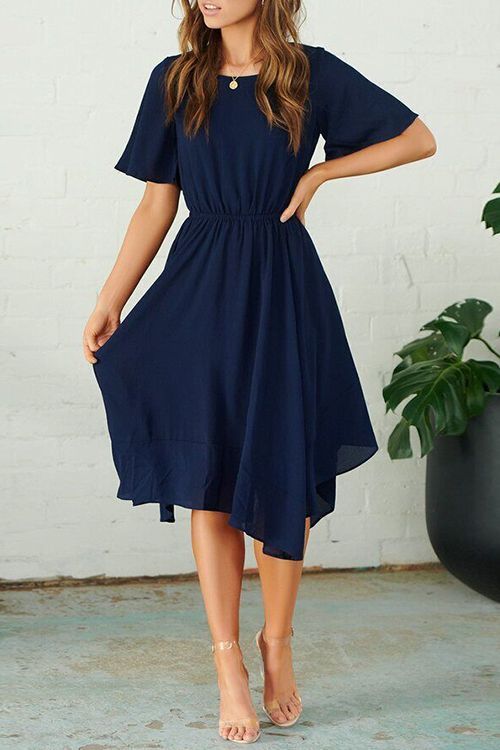 Round Neck Flared Sleeves Navy Prom Dress cg8525