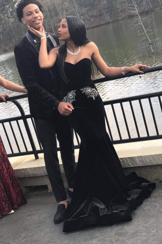 Strapless Black Mermaid Velvet Prom Dress Evening Dress SH921