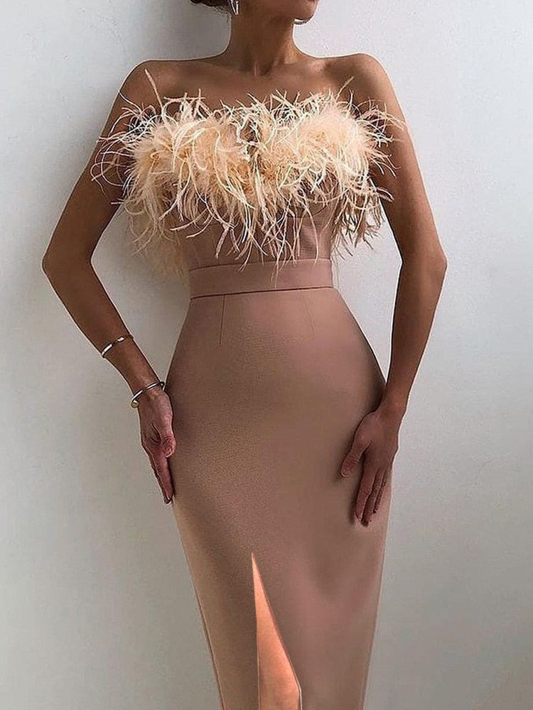 loveedsTM- Luxury Feathers Dress Women Sleeveless Spaghetti Strap High Waist Bodycon Slit Mid-calf Wedding Birthday Party Evening Dresses