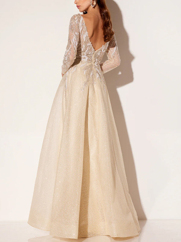 V-neck Solid Color Lace Maxi Dress