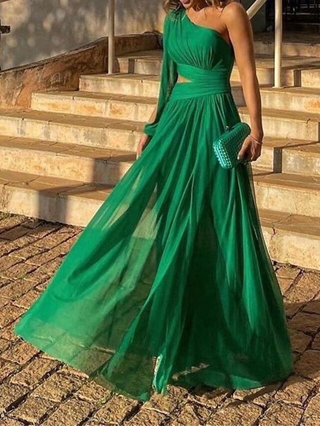 loveedsTM-Women's Prom Dress Party Dress Cut Out Dress Long Dress Maxi Dress Green Long Sleeve Pure Color Backless Spring Fall Winter One Shoulder Fashion Birthday Evening Party Wedding Guest 2024