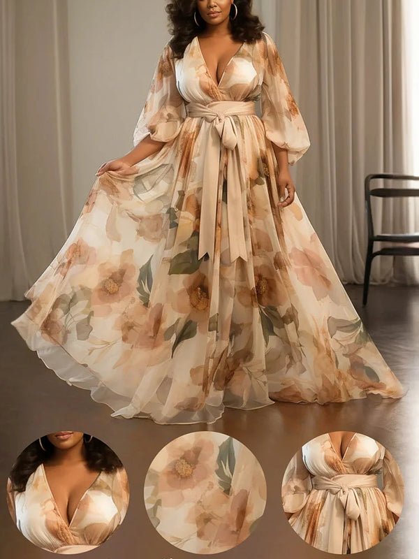 Floral V Neck Lantern Sleeve 3/4 Sleeve See Through Pocket Chiffon Maxi Dresses