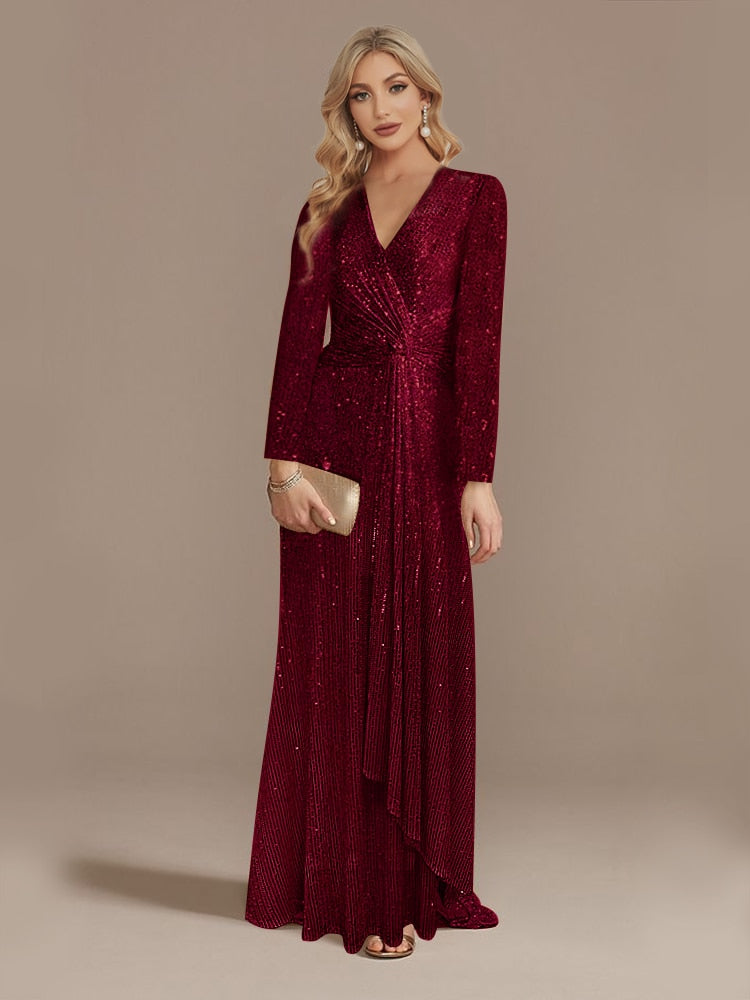 loveedsTM- Luxury Long Sleeve V-Neck Evening Dress Party Women Wedding Sequins For Female Guests Blue Prom Cocktail Dresses