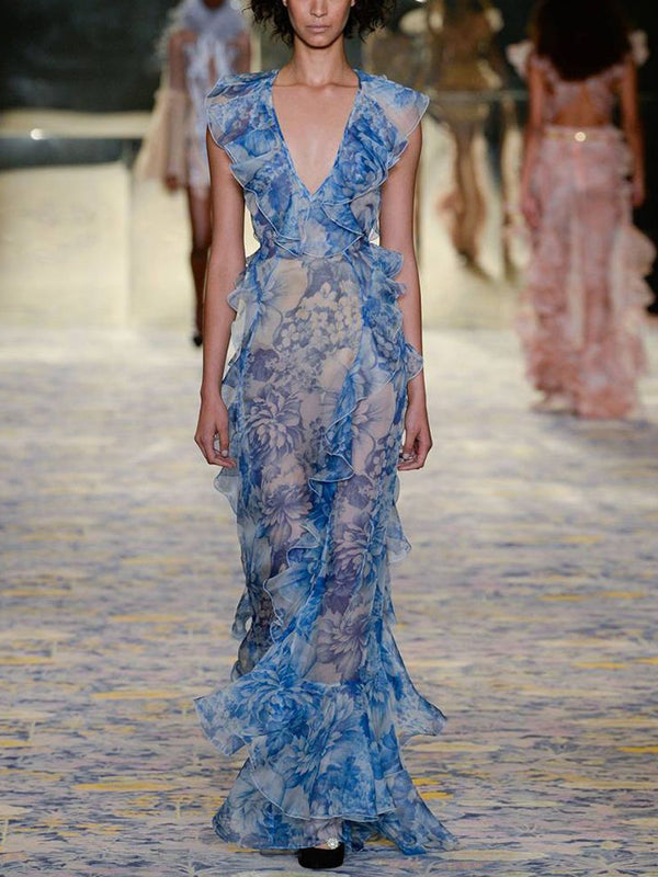 Blue V-neck Print Maxi Dress