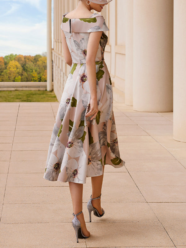 Off Neck Floral Print Midi Dress