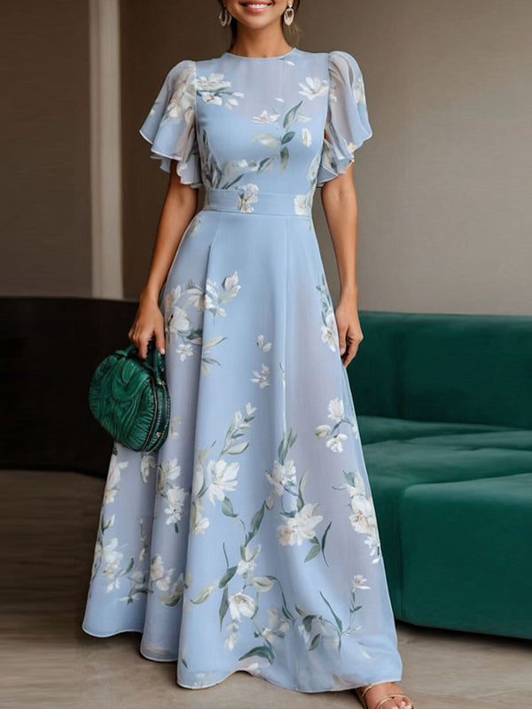 Light Blue Crew Neck Print Maxi Dress